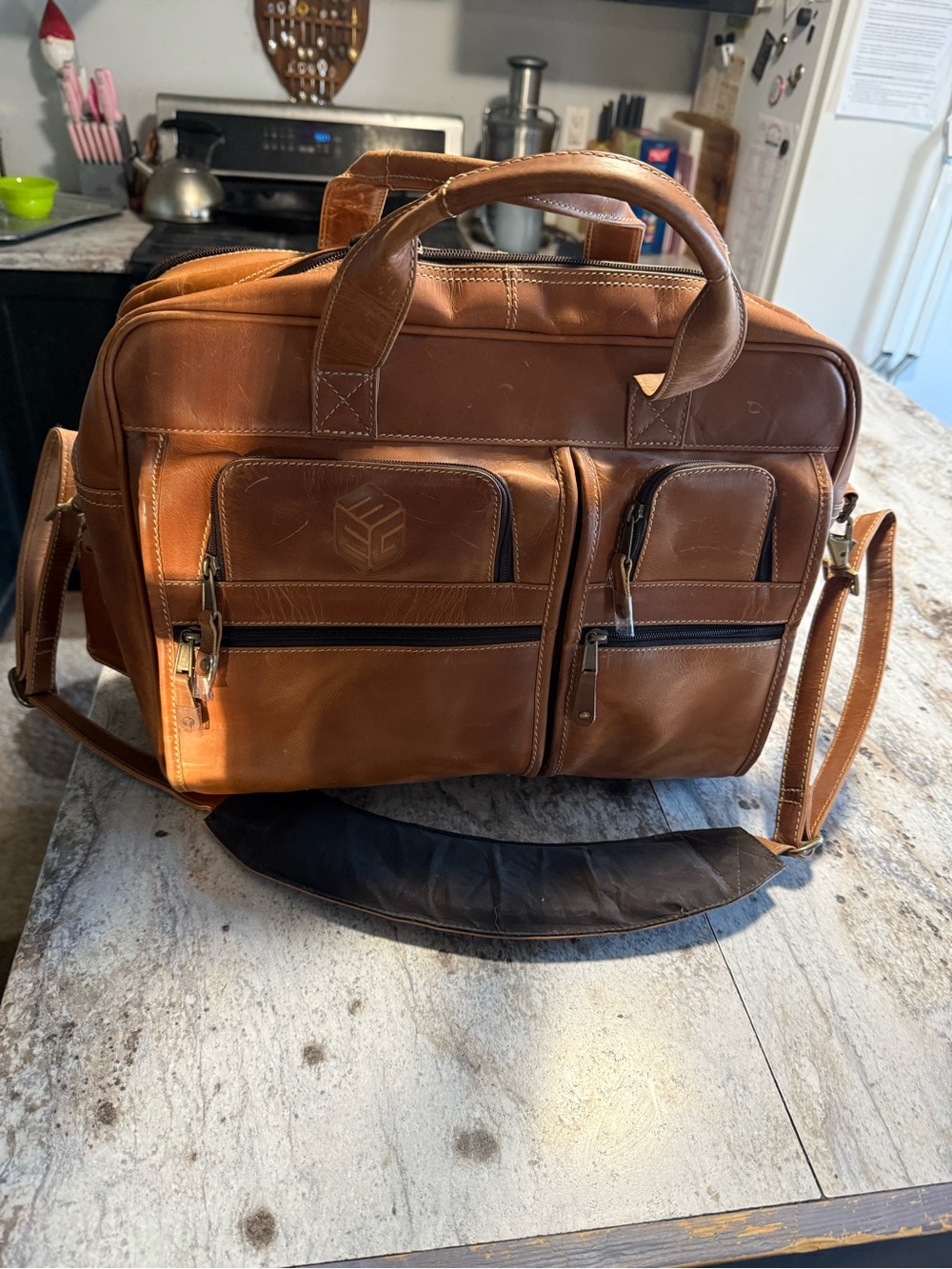 Leather Briefcase Messenger Bag - Tan - Unbranded